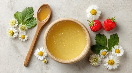 Golden liquid in wooden bowl & spoon, adorned with daisies, clover & strawberries, against a light beige textured backdrop