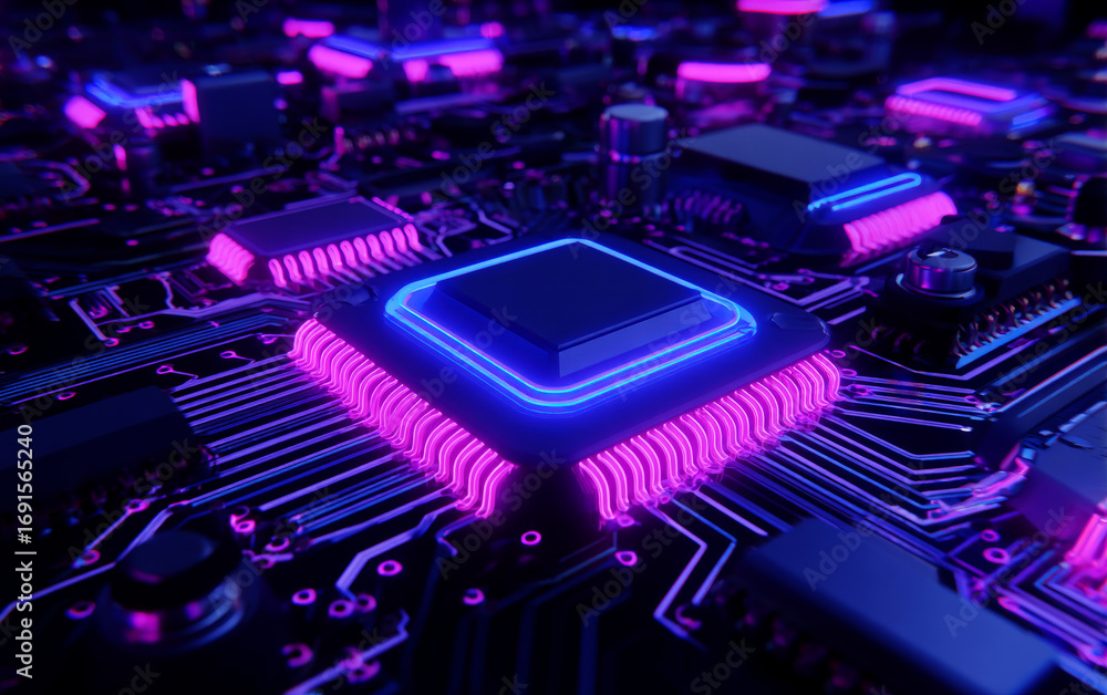 Poster neon-lit computer circuit board with prominent cpu showing advanced technology