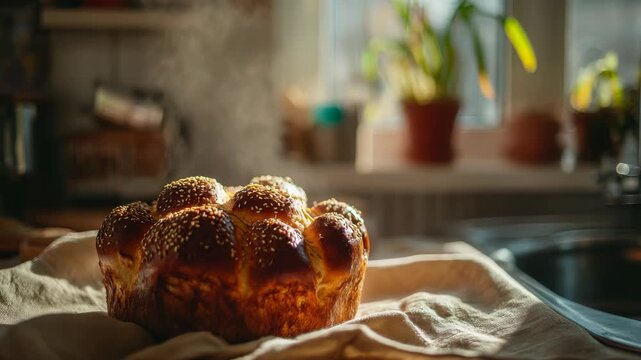 Freshly baked challah bread with sesame seeds on the kitchen table