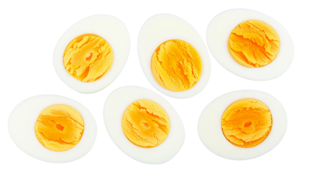 Sliced boiled egg isolated on transparent background with clipping path. 