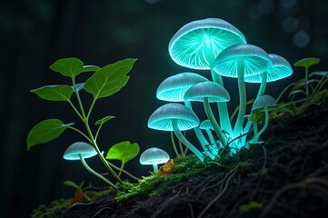 Glowing turquoise mushrooms and green leaves in dark forest