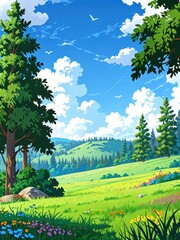 Beautiful Cartoon Landscape with Green Meadow and Forest
