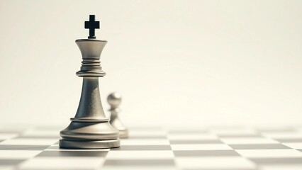 Strategic positioning of a silver king chess piece and pawn on a chess board, symbolizing leadership and foresight in business or competition