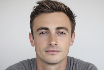 Obraz premium Close-up portrait of a young man with short brown hair and brown eyes, wearing a gray t-shirt, against a neutral, off-white background