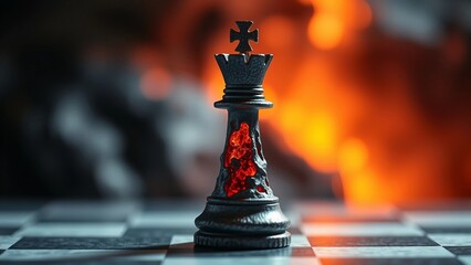 A Fiery Chess King Piece Stands on a Chessboard, Symbolizing Conflict, Strategy, and the Stakes of a Game with Intense Consequences