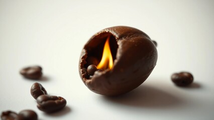 Close-up of a single coffee bean on a white surface with a small flame inside, symbolizing energy and warmth
