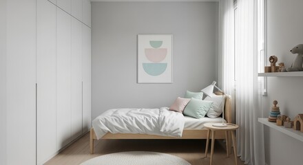 Minimal kids bedroom with single bed