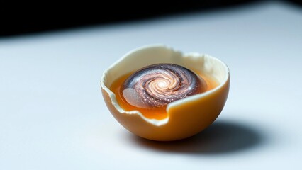 Surreal concept of a galaxy contained within a cracked eggshell, symbolizing creation and the universe's vastness in a unique, artistic representation
