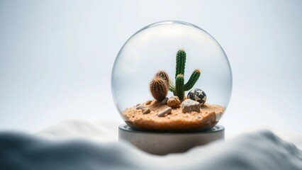 Miniature desert landscape encased in a clear dome, showcasing small cacti and pebbles on sandy terrain, symbolizing a self-contained ecosystem
