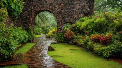 Tropical garden pathway after rain