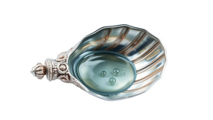 Elegant decorative seashell-shaped dish with three luminous pearl-like orbs nestled within its iridescent blue interior on a white background