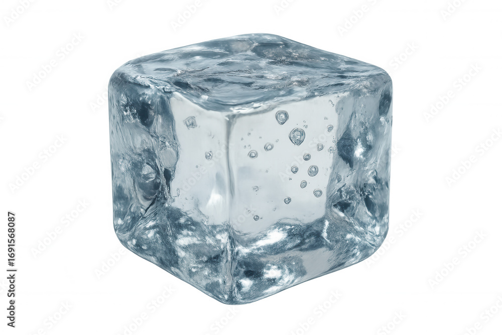 Poster transparent ice cube featuring trapped air bubbles, creating crisp visual texture against clean back