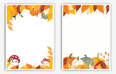 Autumn Frame with Pumpkins and Fall Leaves for Seasonal Invitation or Greeting Card
