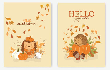 Autumn Frame with Pumpkins and Fall Leaves for Seasonal Invitation or Greeting Card