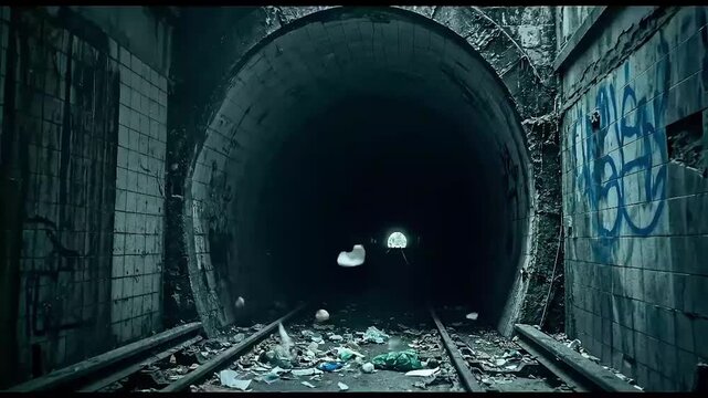 Chaotic Explosion of Garbage and Papers in a Derelict Underground Metro Tunnel.