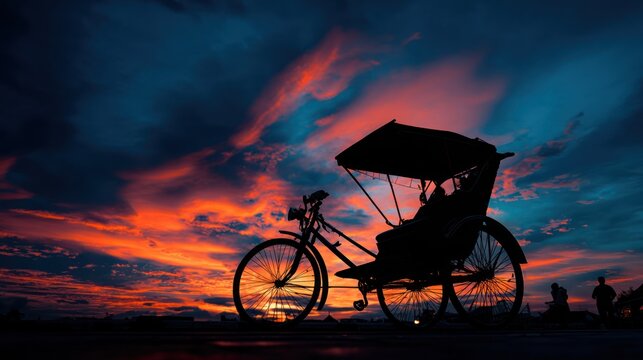 Silhouette of a pedicab at sunset