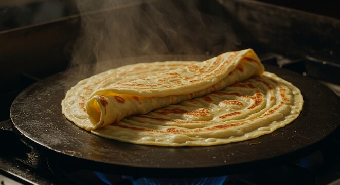 A pan with some food on it showing a moroccan msemen flatbread folded and cooked golden on a griddle