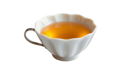 A classic white porcelain teacup filled with amber-colored tea, offering a moment of calm and relaxation, perfect for a cozy afternoon