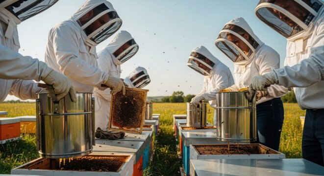 A group of beekeepers wearing protective gear, working in a field with beehives and honeycomb frames.