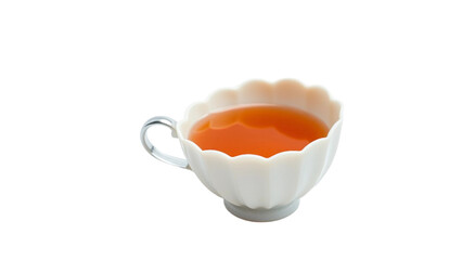 A close-up shot of a delicate, scalloped teacup filled with a rich, amber liquid, isolated on a pure white background, perfect for beverage and hospitality branding