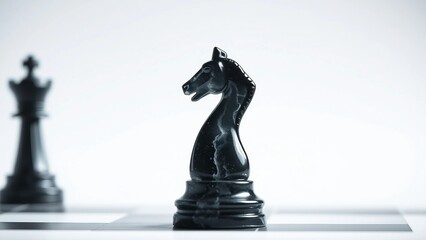 Strategic Battle Black Knight Chess Piece Confronts White Queen on Board, Symbolizing Strategy, Competition, and Decision Making in Business and Life
