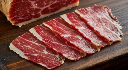 Obraz premium A piece of meat showing a spanish jamón ibérico slice thinly cut and arranged on a wooden board