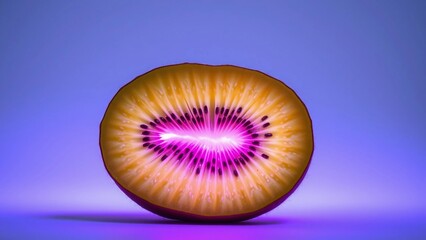 Vibrant Cross-Section of a Golden Kiwi Fruit Showcasing its Striking Pink Core and Seeds Under Studio Lighting