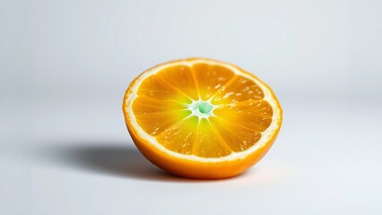 A vibrant, juicy half of an orange, showcasing its bright citrus segments and refreshing pulp, photographed against a clean, minimalist background