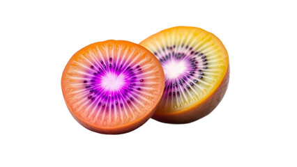 Vibrant SunGold Kiwifruit Halved to Reveal Exotic Purple and Orange Flesh, Showcasing Unique Tropical Flavor and Healthy Nutrition
