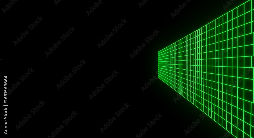 Poster retro 1980s style computer graphics showing a glowing green laser grid receding into a dark, endless