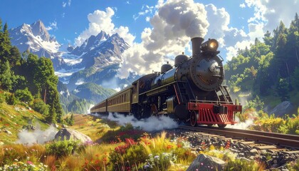 Fototapeta premium A vintage steam train travels through a scenic mountain valley, surrounded by lush greenery and wildflowers, under a vibrant blue sky.