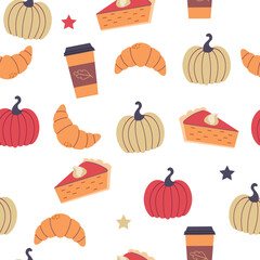 Autumn Thanksgiving Day with pumpkin pie, pumpkin latte and croissant seamless pattern background for packaging and decoration