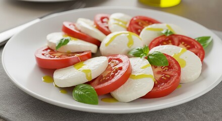 A plate of tomatoes and mozzarellas on a table showing an italian caprese salad with fresh mozzarella, tomato slices, basil, and olive oil