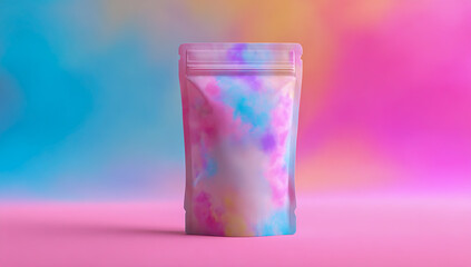 A vertical stand up pouch with a marbled tie dye pattern in vibrant pastel colors against a soft gradient background