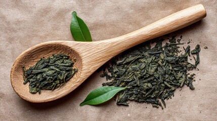 Green tea leaves in wooden spoon