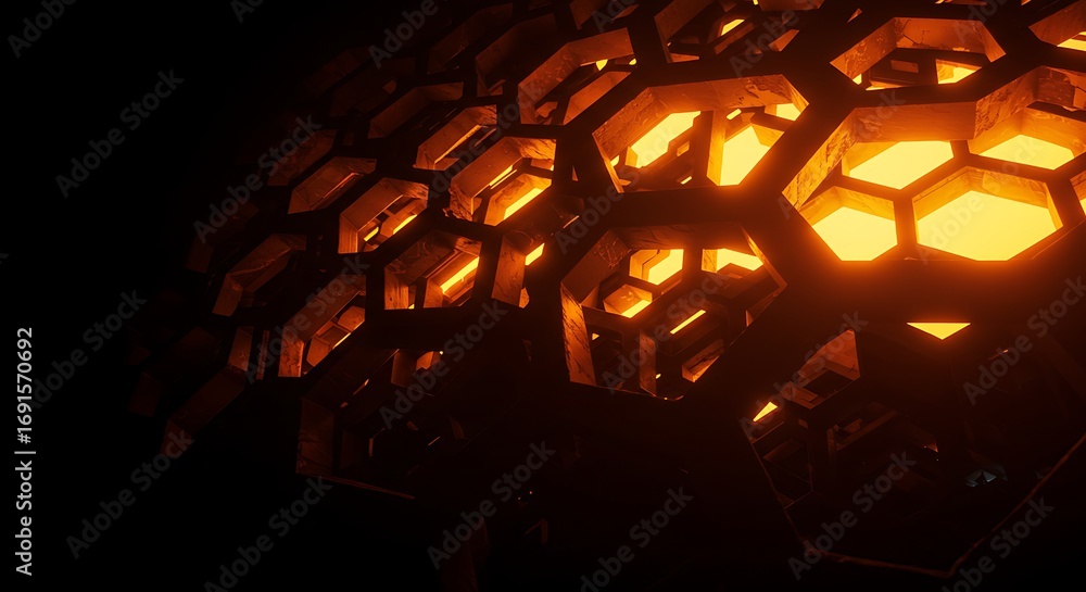 Poster a mesmerizing view of an intricate, glowing hexagonal grid, symbolizing a futuristic energy core or 