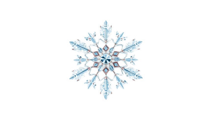 Intricate six-pointed snowflake with crystalline blue and brown hues against a clean white background, highlighting its delicate geometric beauty