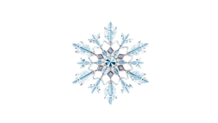 Intricate six-pointed snowflake with crystalline blue and brown hues against a clean white background, highlighting its delicate geometric beauty