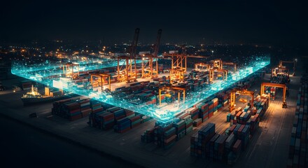 Fototapeta premium Digital Transformation in Modern Container Port Operations at Night