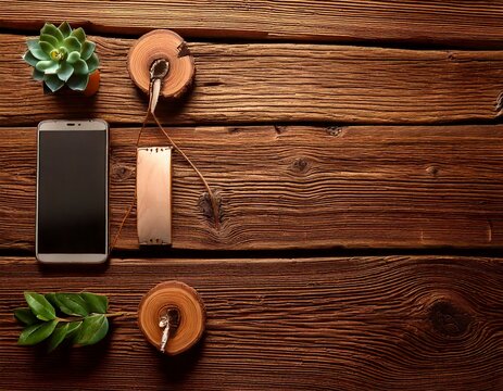  Natural elements and technology on rustic wooden background