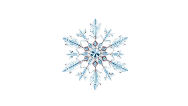 Intricate six-pointed snowflake with crystalline blue and brown hues against a clean white background, highlighting its delicate geometric beauty - Powered by Adobe