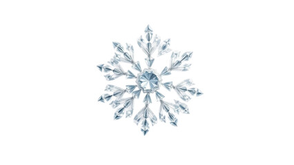A solitary, intricately detailed snowflake, captured in a close-up view against a stark white backdrop, showcasing its delicate, crystalline structure and unique hexagonal symmetry