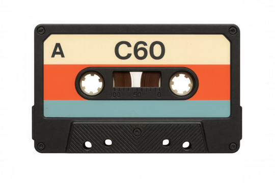 Vintage c60 audio cassette tape sitting against transparent backdrop, highlighting analog music storage from bygone musical era