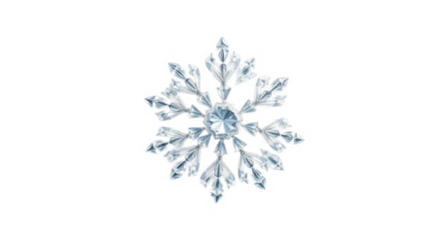 A solitary, intricately detailed snowflake, captured in a close-up view against a stark white backdrop, showcasing its delicate, crystalline structure and unique hexagonal symmetry