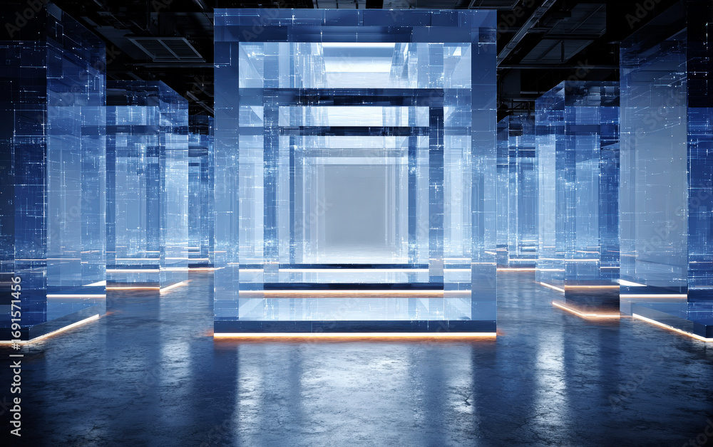 Poster futuristic digital structure with glowing elements and transparent panels