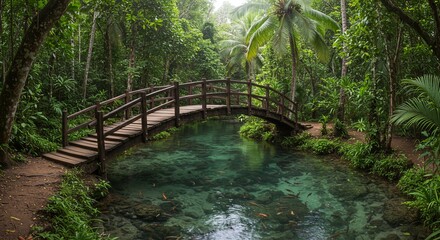 Fototapeta premium A bridge over a small pond in a forest showing eco-friendly wooden footbridge crossing a tropical jungle stream