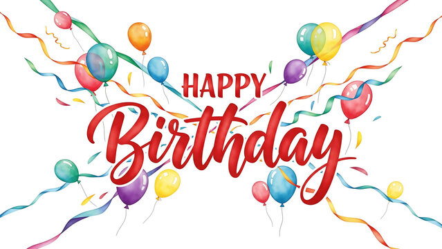 Colorful balloons and confetti with bold Happy Birthday script — festive party banner