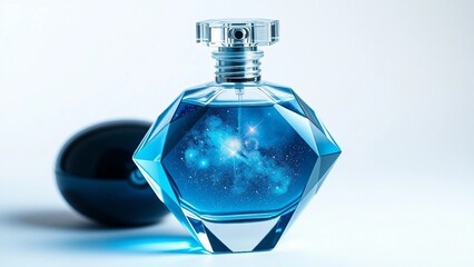 An exquisite faceted glass perfume bottle filled with a swirling nebula and stars, evoking cosmic wonder and celestial beauty