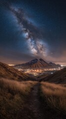 A mountain peak stands beneath the Milky Way galaxy, a path leading toward it through golden hills dotted with faint city lights in the distance
