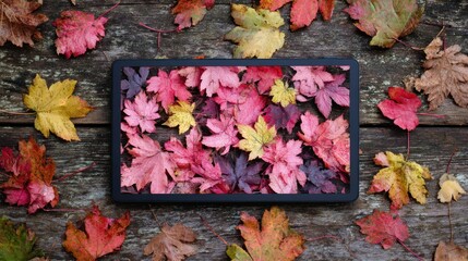 Tablet displaying autumn leaves on weathered wood